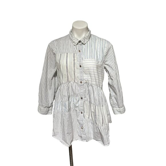 Anthropologie Holding Horses Patchwork Poplin Buttondown Peasant Blouse Stripes - Picture 2 of 10